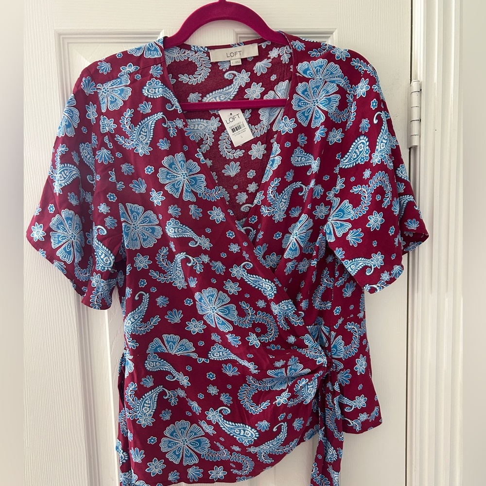 LOFT Burgundy and Blue Floral Wrap Blouse